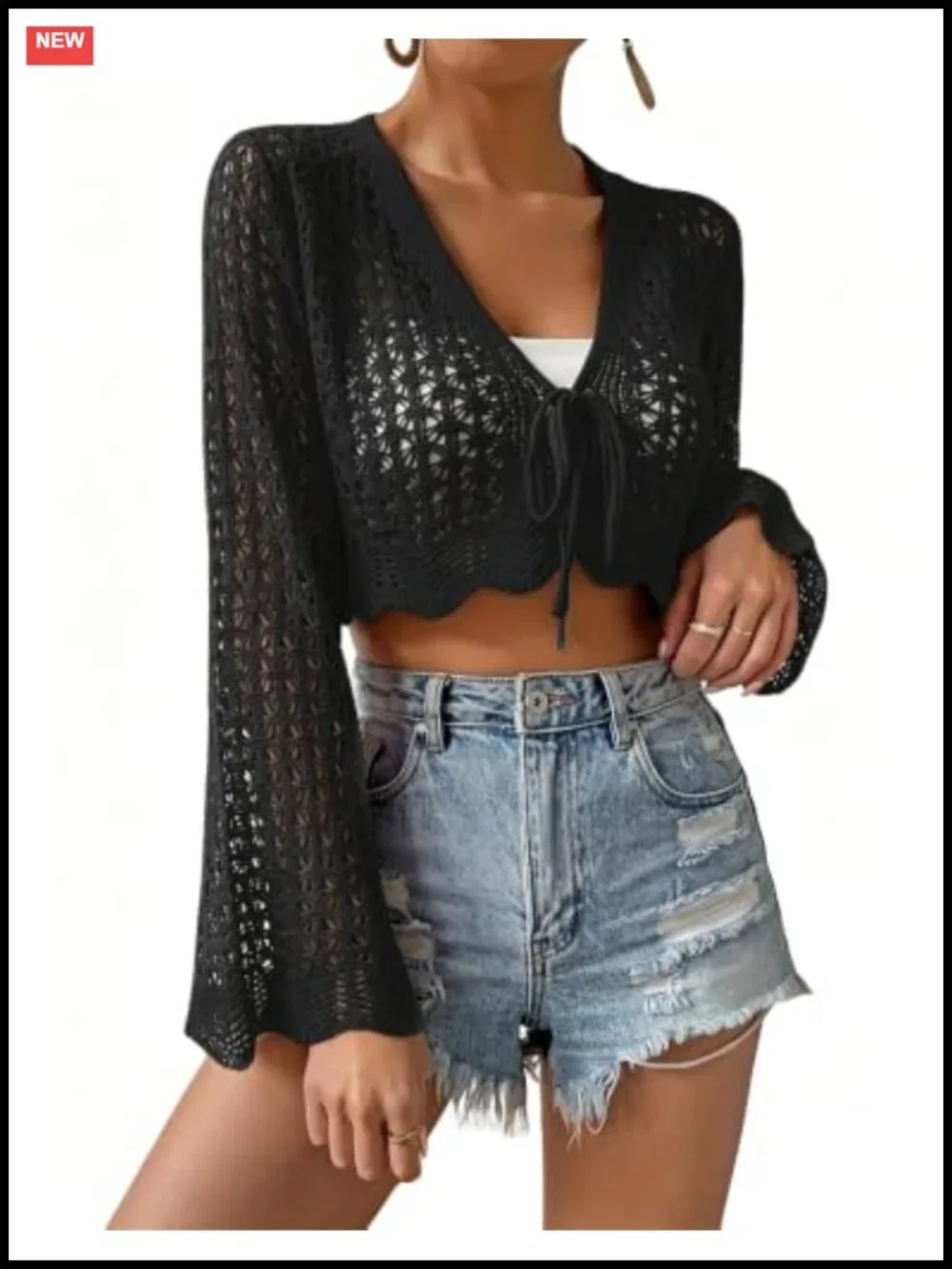 Crochet Tie Front Cropped Cardigan Bell Long Sleeve Knit Shrugs Beach Cover Up